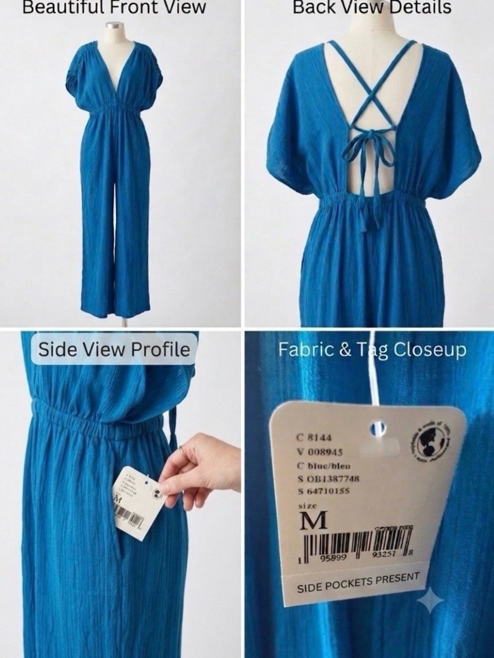 Free People Blue Cross-Back Wide Leg Jumpsuit - Size M (NWT)